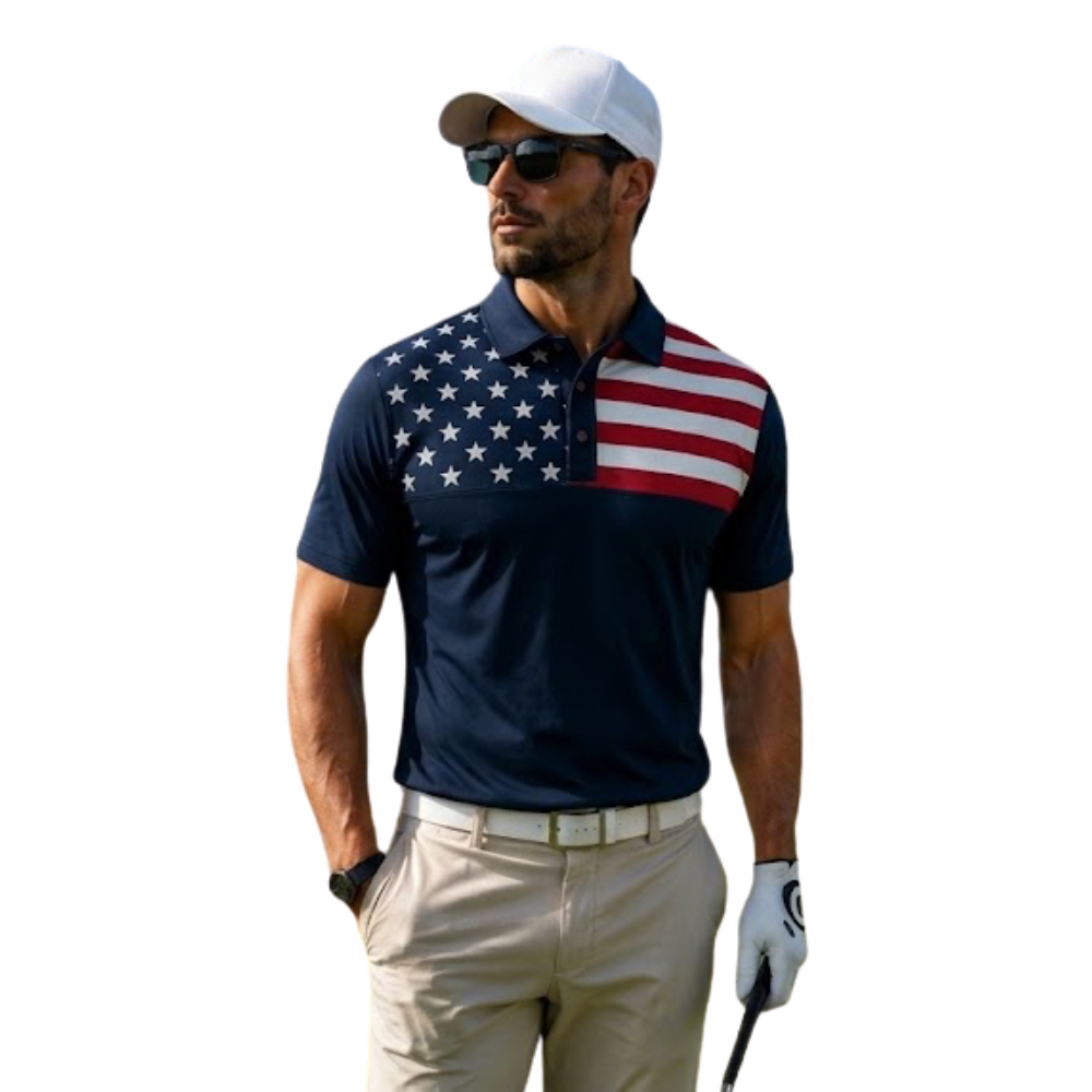 Men's American Flag Navy Golf Polo Shirt, Independence Day Golf Shirt GE0544