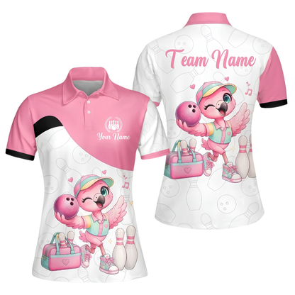 Funny Flamingo Custom Womens Bowling Polo Shirt, Custom Flamingo Bowling Team Shirt Ladies BZ0950