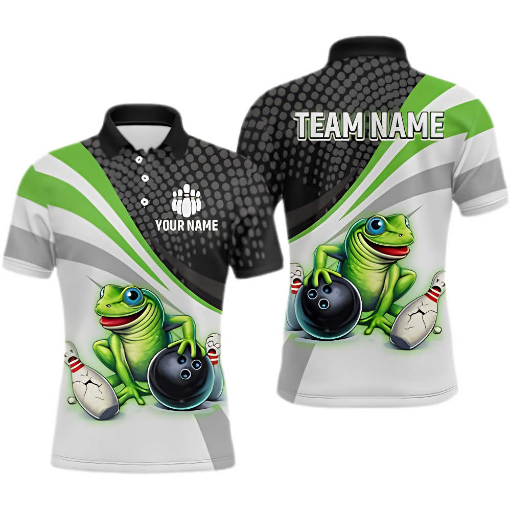 Funny Frog Custom Mens Green Bowling Polo Shirt, Custom Frog Team Bowling Shirt BZ1003