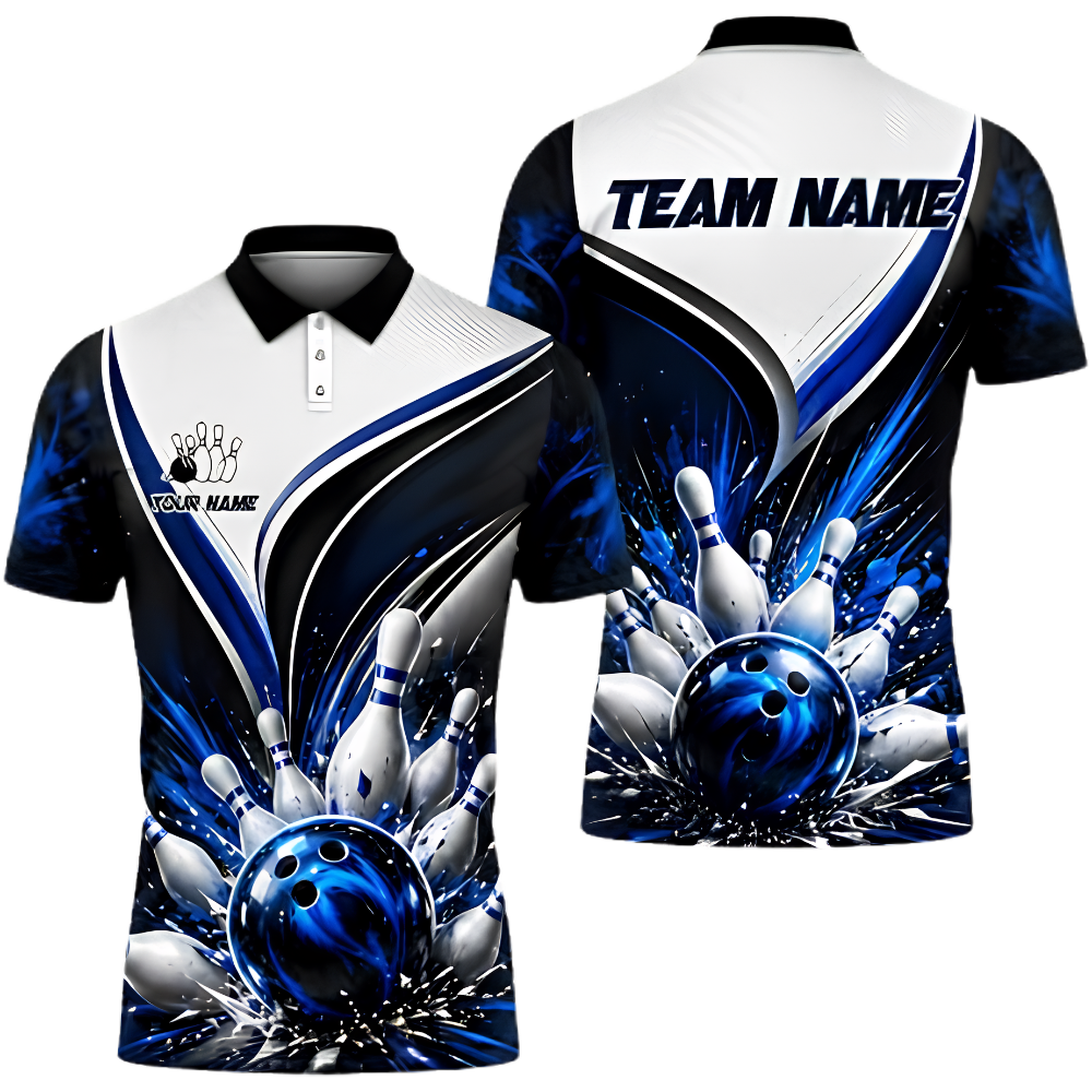Custom Team White Blue Bowling Polo Shirt Men, Custom Bowling Team Shirts BZ0969