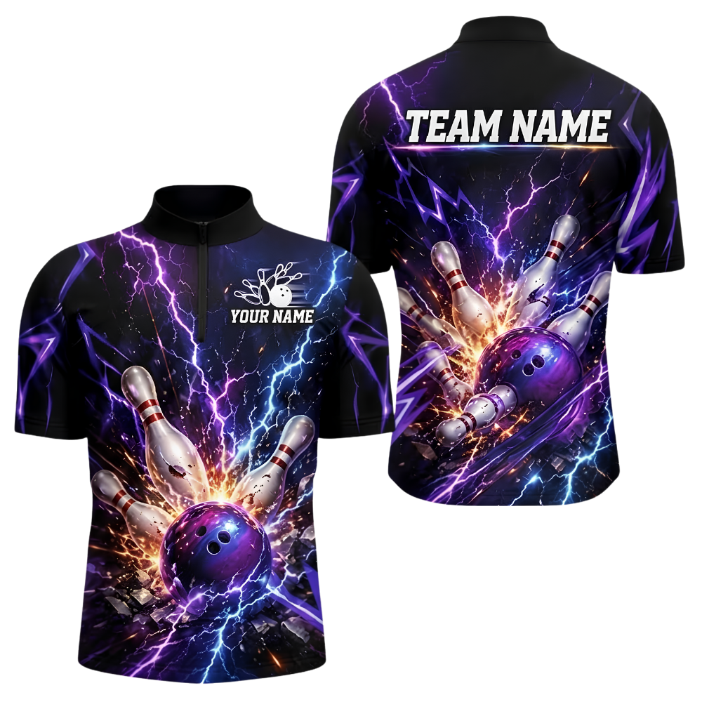 Custom Thunder Lightning Blue Puprle Bowling Men Jersey, Custom Thunder Team Bowling Shirt BZ0973