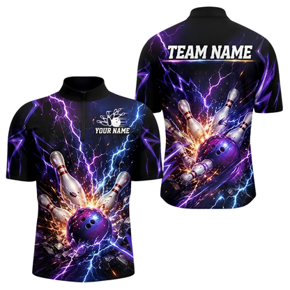 Custom Thunder Lightning Blue Puprle Bowling Men Jersey, Custom Thunder Team Bowling Shirt BZ0973