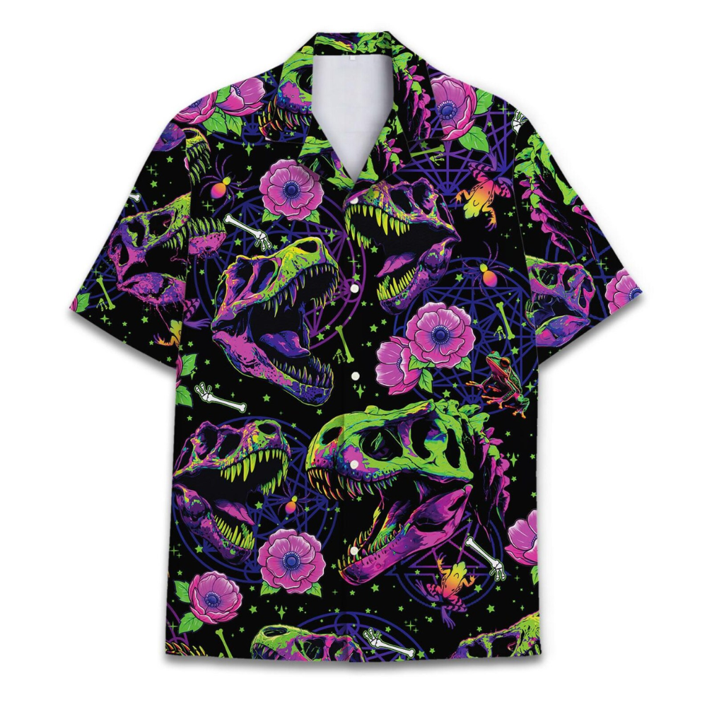 Dinosaur Skeleton Floral Hawaiian Shirt For Men, Skull Dinosaur Hawaiian Shirt HE0624