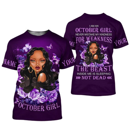 Personalized Name Birthday Outfit October Girl Not Dead Flower Purple All Over Printed Birthday Shirt TO2817