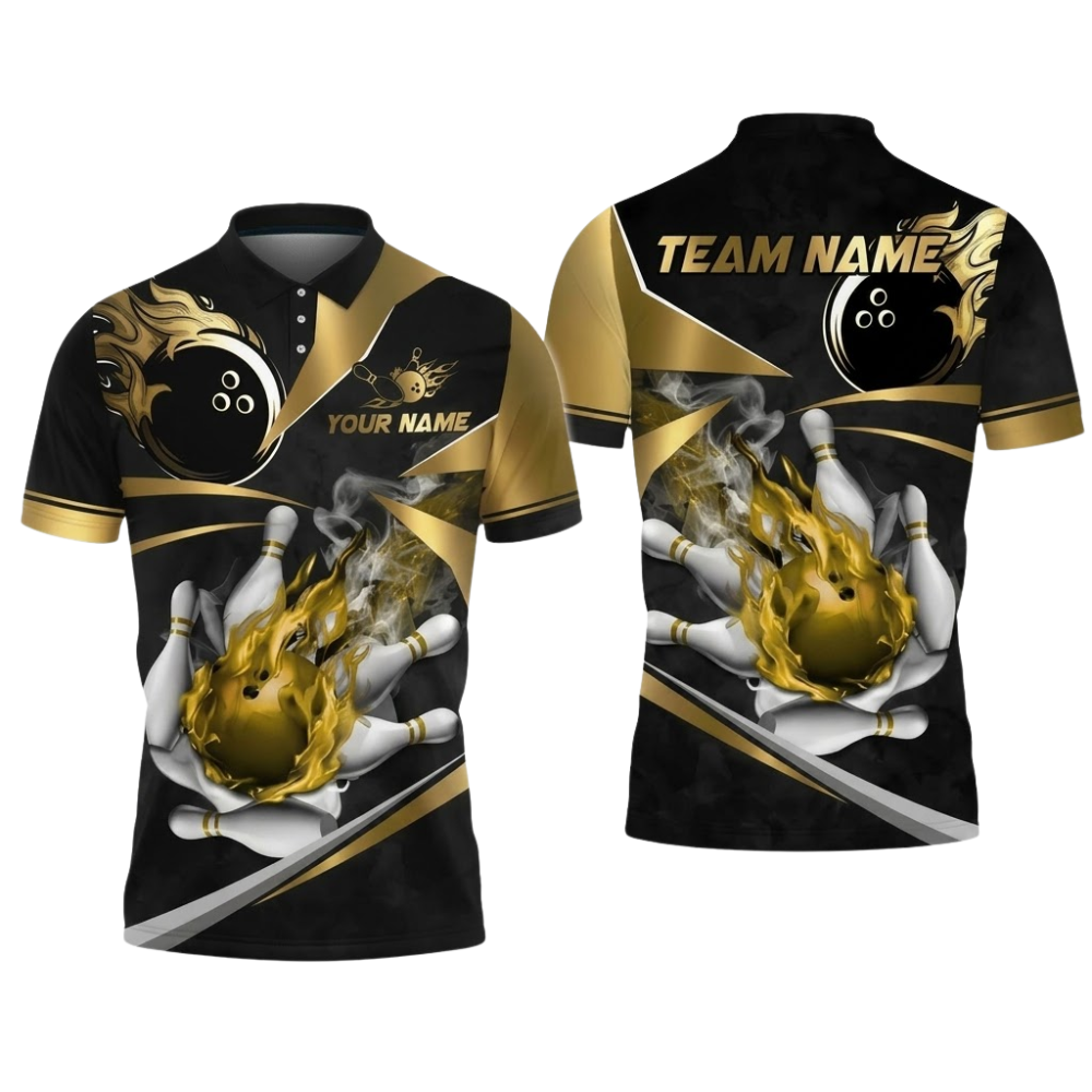 Custom Gold Flaming Ball Bowling Polo Shirt Men, Custom Team Flame Bowling Shirt BZ0897