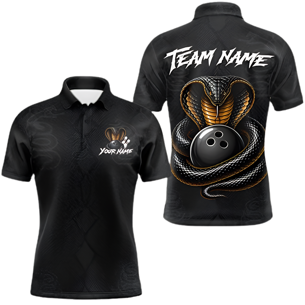 Cobra Snake Custom Mens Black Bowling Polo Shirt, Custom Snake Bowling Team Shirt BZ0886