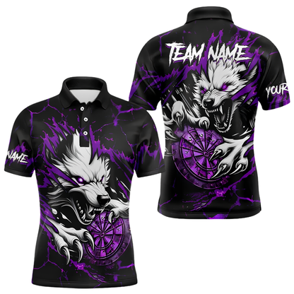 Custom Wolf Purple Grunge Darts Polo Shirt For Men, Custom Wolf Darts Team Shirt DZ0154