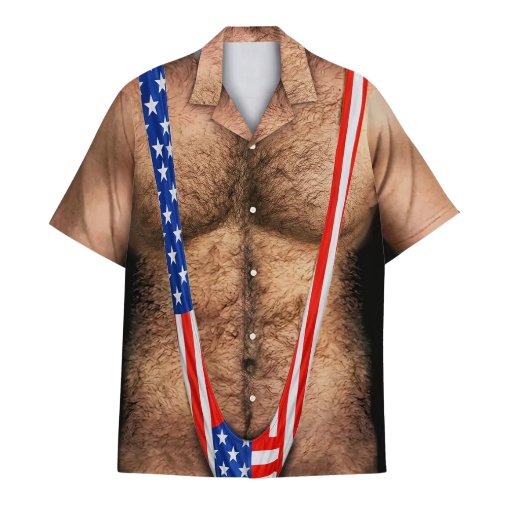 Funny Chest Hair American Flag Men's Hawaiian Shirt, Funny Hillarious Hawaiian Shirts For 4th Of July HE0385
