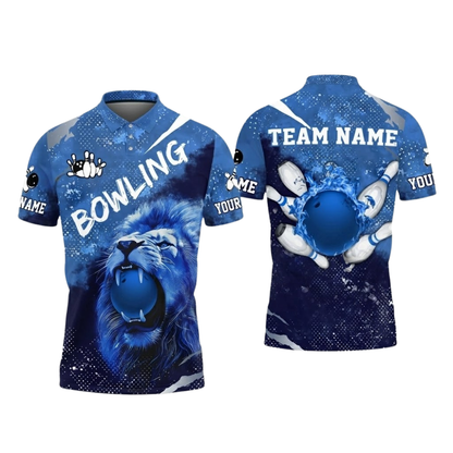 Custom Lion Blue Bowling Mens Polo Shirt, Custom Team Lion Bowling Shirt BZ0829