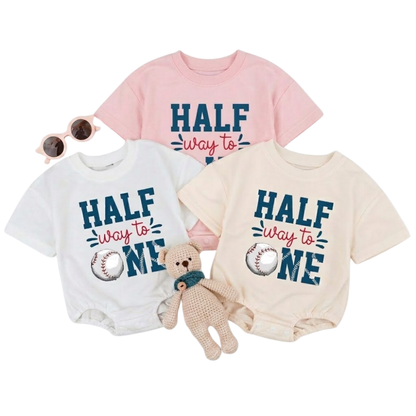 Half Way To One Custom Baby Name Baseball T Shirt Romper, Custom Baseball 1/2 Birthday Baby Romper BB0266
