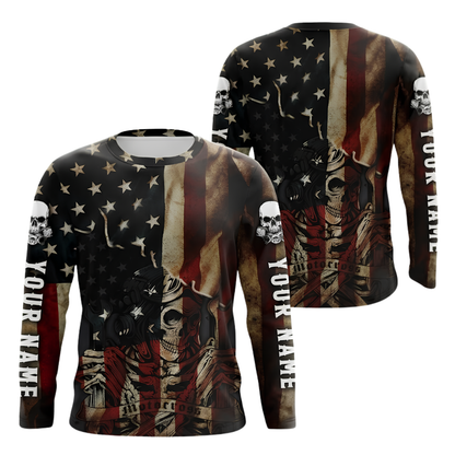 Custom Name USA Flag Skull Men's Dirt Bike Long Sleeve Jersey, Custom Patriotic Dirt Bike Shirts MZ0136