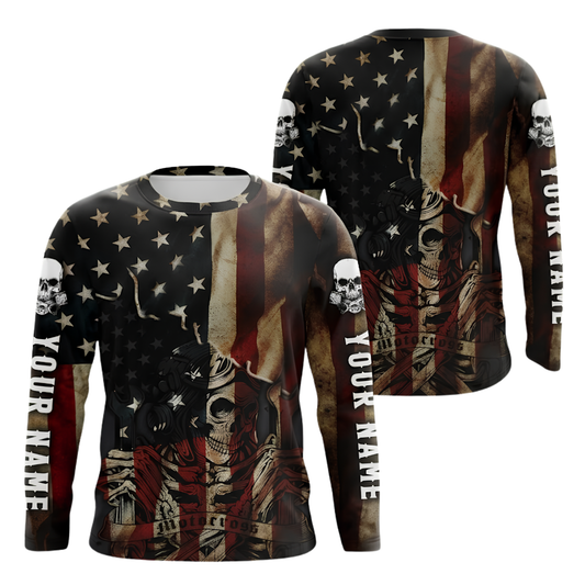 Custom Name USA Flag Skull Men's Dirt Bike Long Sleeve Jersey, Custom Patriotic Dirt Bike Shirts MZ0136
