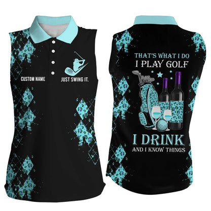 Personalized leopard Women sleeveless polo shirt multicolor, funny golf wine That's what I do, I play golf drink SO1345