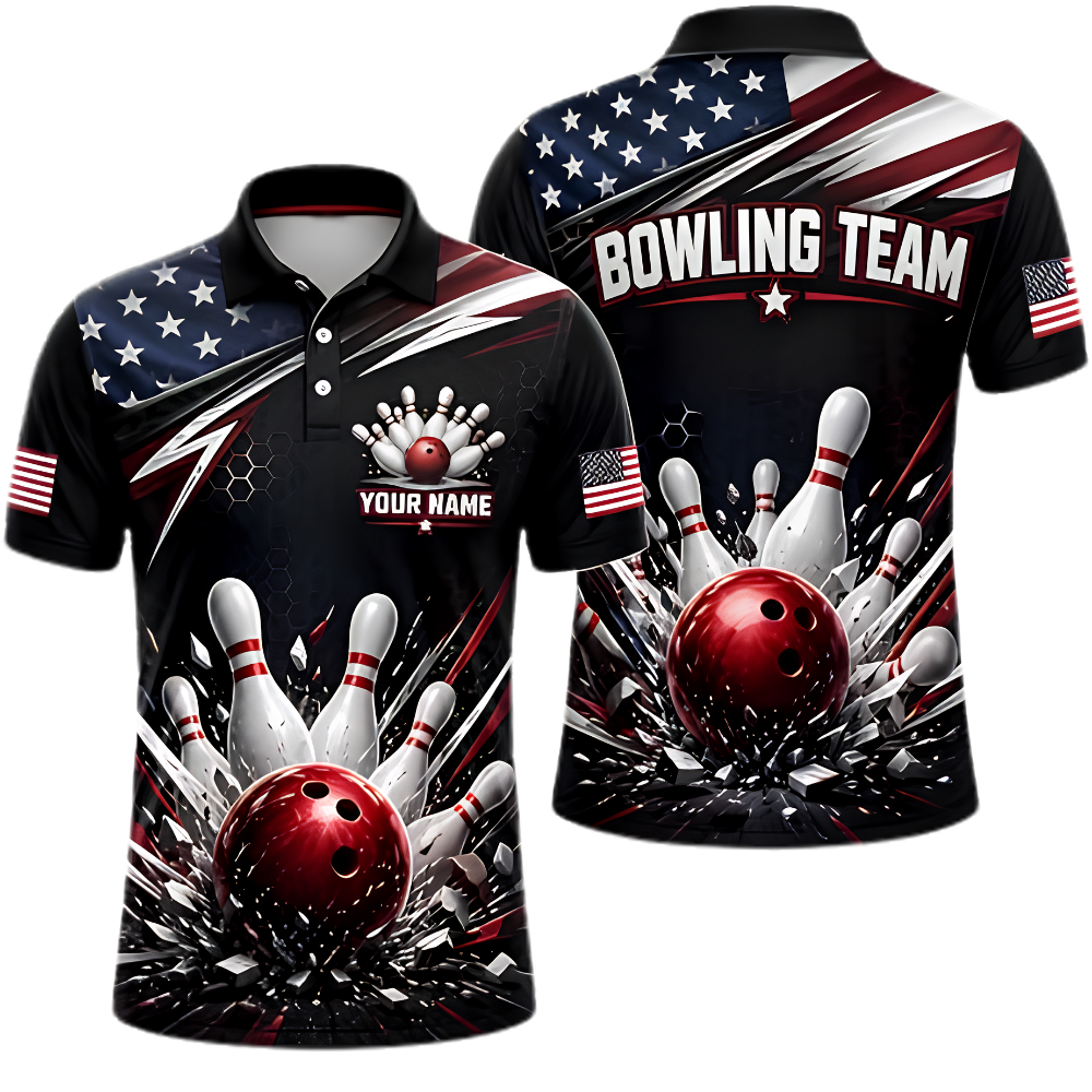 Custom USA Flag Bowling Men Polo Shirt Black, Custom Patriotic Bowling Shirt Team BZ0869