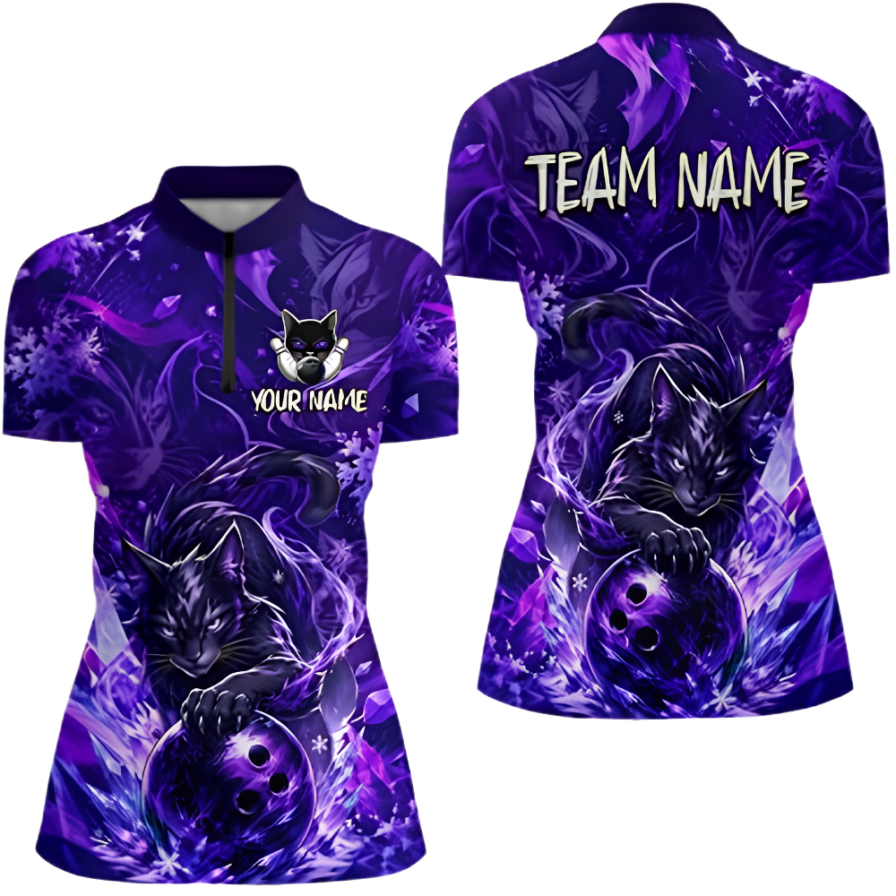 Custom Cat Women's Purple Bowling Jersey, Custom Cat Bowling Team Shirt Women BZ0882