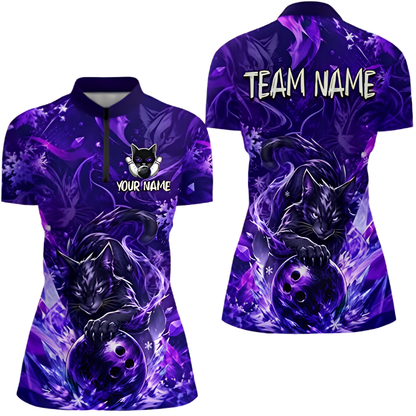Custom Cat Women's Purple Bowling Jersey, Custom Cat Bowling Team Shirt Women BZ0882
