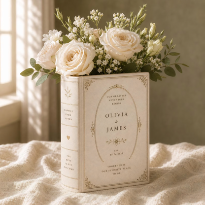 Personalized Our Greatest Adventure Begins Wedding Ceramic Book Vase, Personalized Wedding Book Vase WD0608
