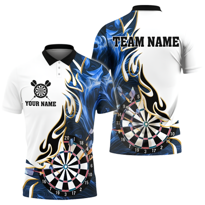 Custom Blue Flame Dartboard Men's Dart Polo Shirt, Custom Flame Darts Team Shirt DZ0158