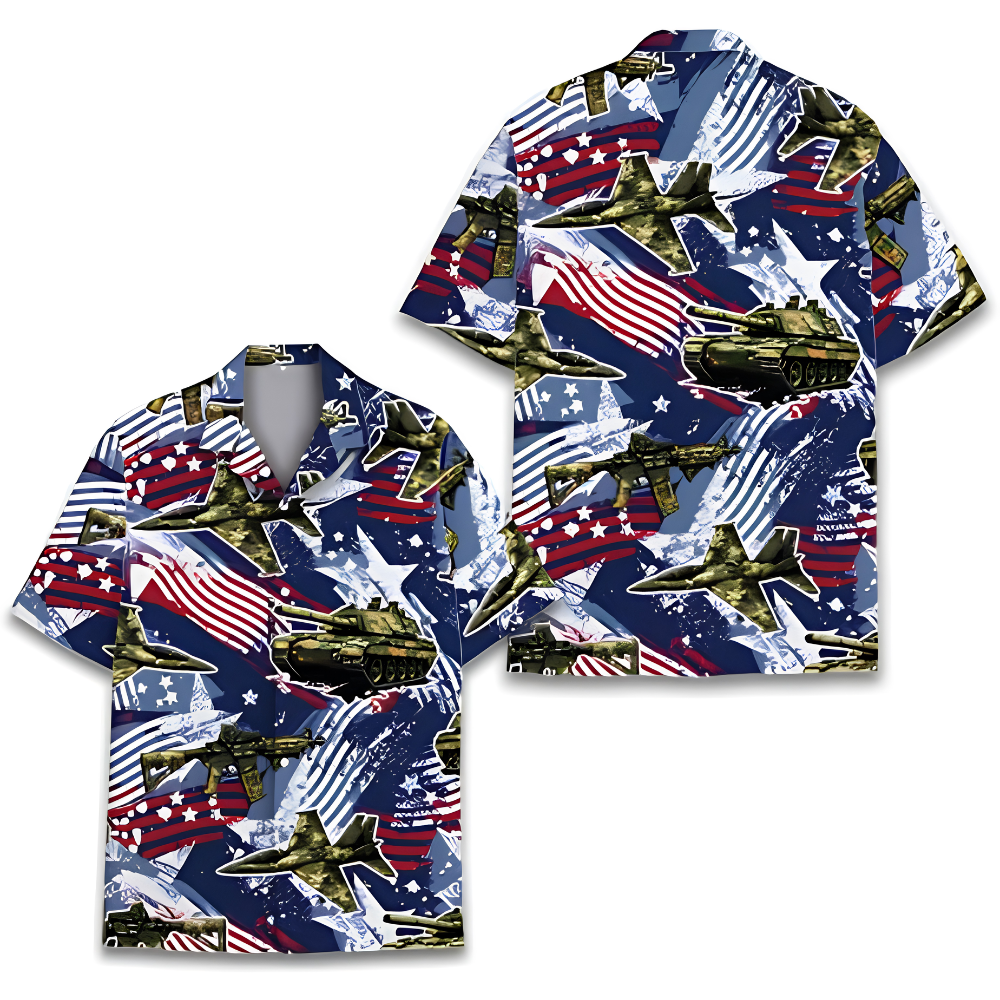 Fighter Aircraft Tank USA Flag Men's Hawaiian Shirt, Airplane Tank Hawaiian Shirt For Veteran HE0738