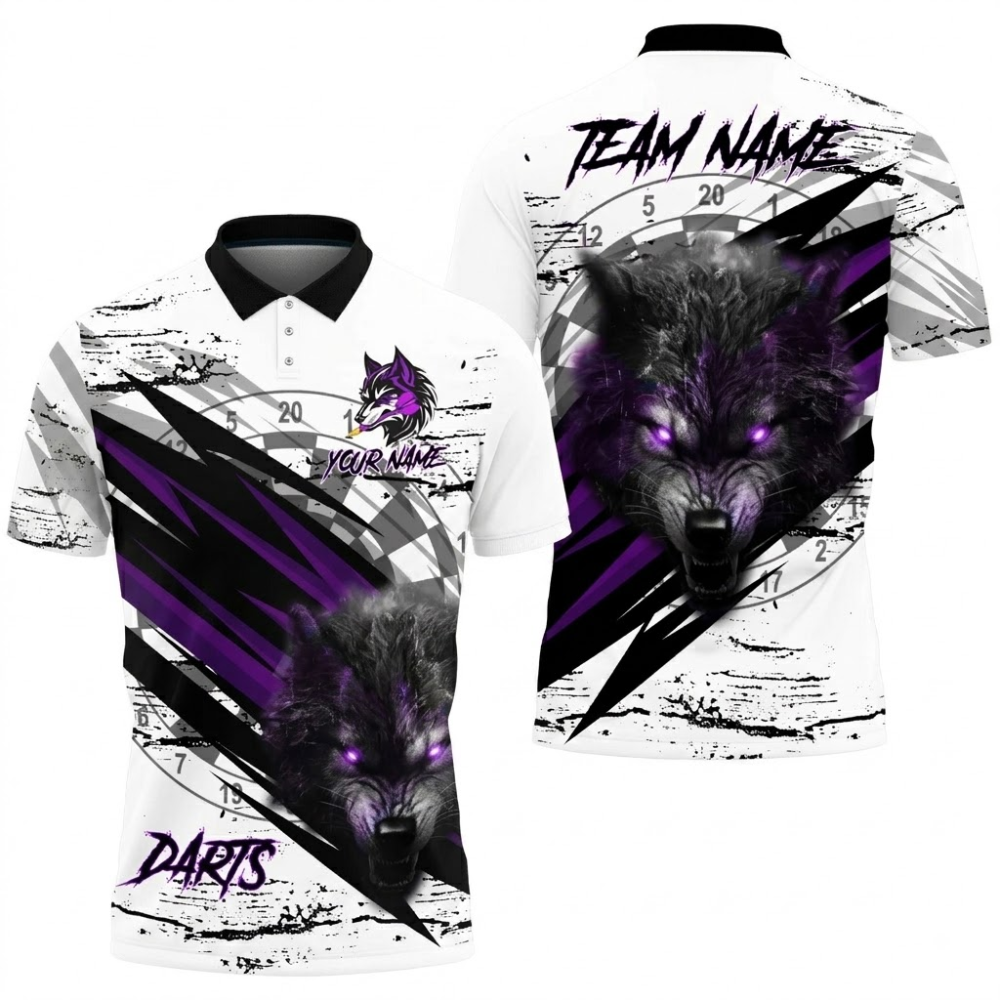 Custom Mens Wolf Dart Polo Shirt Purple And White, Custom Wolf Darts Team Shirt DZ0128