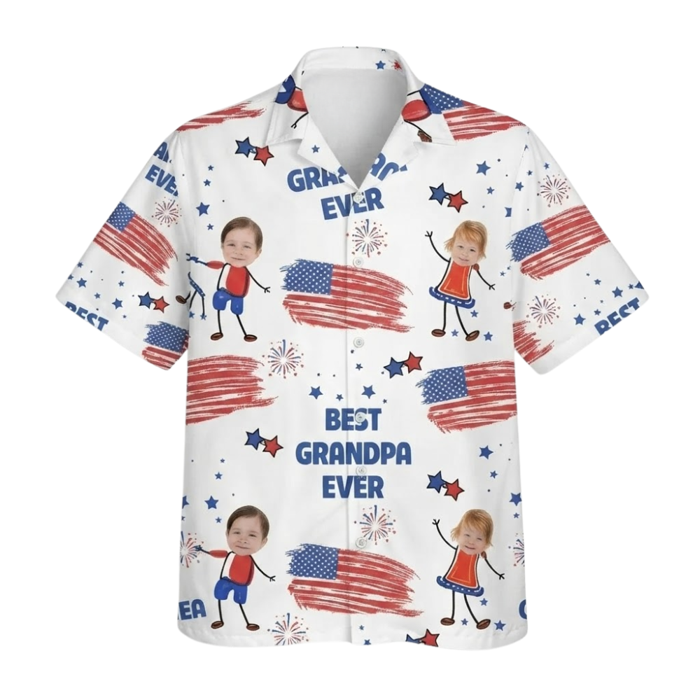 Best Grandpa Ever Custom Kid Faces USA Flag Hawaiian Shirt, Personalized Photo Hawaiian Shirt For Grandpa HE0561