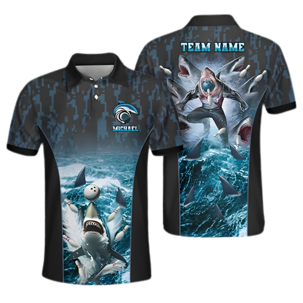 Shark Custom Bowling Polo Shirt For Men, Custom Shark Bowling Team Shirt BZ0962