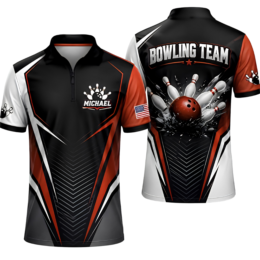 Custom Team Black Red Bowling Jersey, Men's Custom Bowling Shirt BZ0872