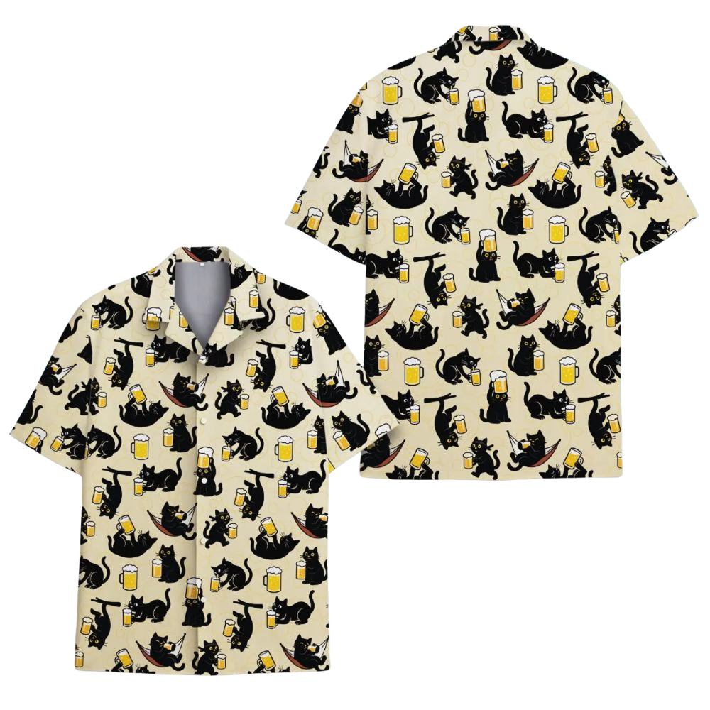 Black Cat And Beer Hawaiian Shirt For Men, Beer Cat Lover Hawaiian Shirt HE0715