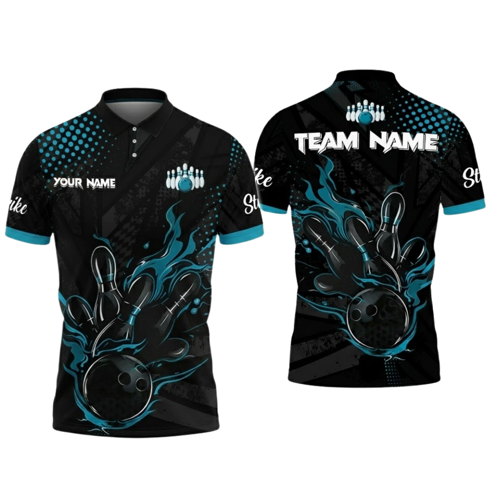 Custom Black And Teal Flame Bowling Polo Shirt For Men, Custom Flame Bowling Team Shirt BZ0846