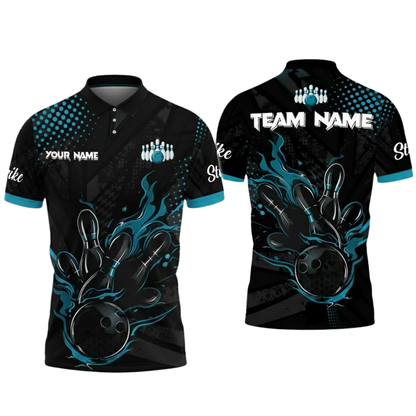 Custom Black And Teal Flame Bowling Polo Shirt For Men, Custom Flame Bowling Team Shirt BZ0846