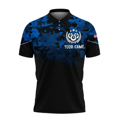Custom Blue Camo USA Flag Men's Billiard Polo Shirt, Custom Patriotic Camo Billiard Team Shirts BIZ0315