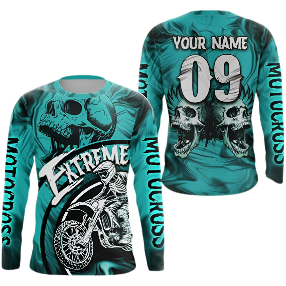 Custom Skull Cyan Motocross Long Sleeve Racing Jersey For Men, Custom Skull Dirt Bike Shirts MZ0141