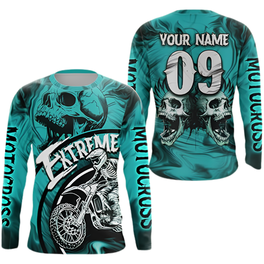 Custom Skull Cyan Motocross Long Sleeve Racing Jersey For Men, Custom Skull Dirt Bike Shirts MZ0141