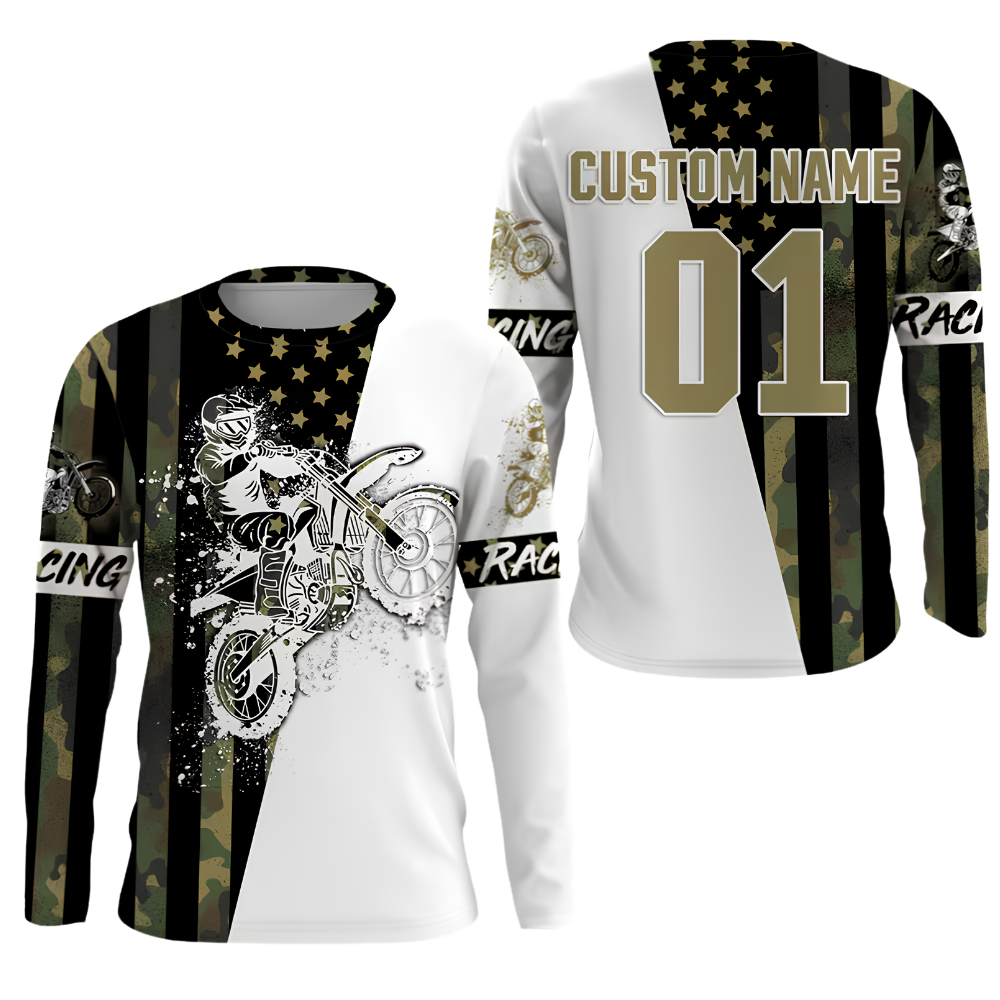 Custom Camouflage American Flag Motocross Long Sleeve Racing Jersey For Men, Custom Camo Patriotic Dirt Bike Shirts MZ0131