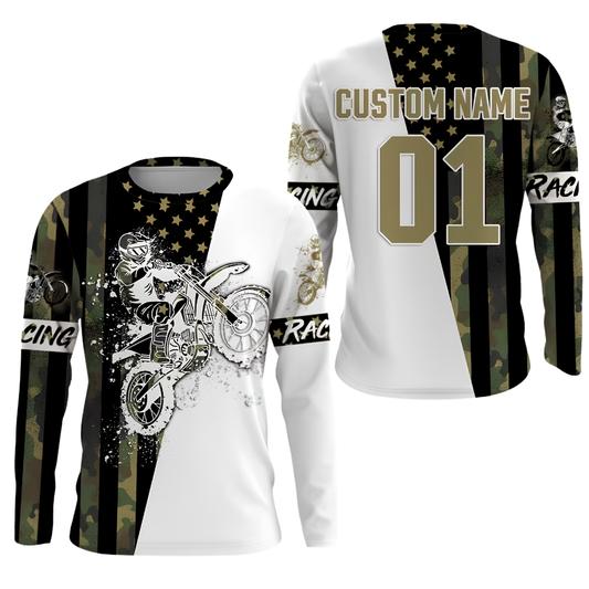 Custom Camouflage American Flag Motocross Long Sleeve Racing Jersey For Men, Custom Camo Patriotic Dirt Bike Shirts MZ0131