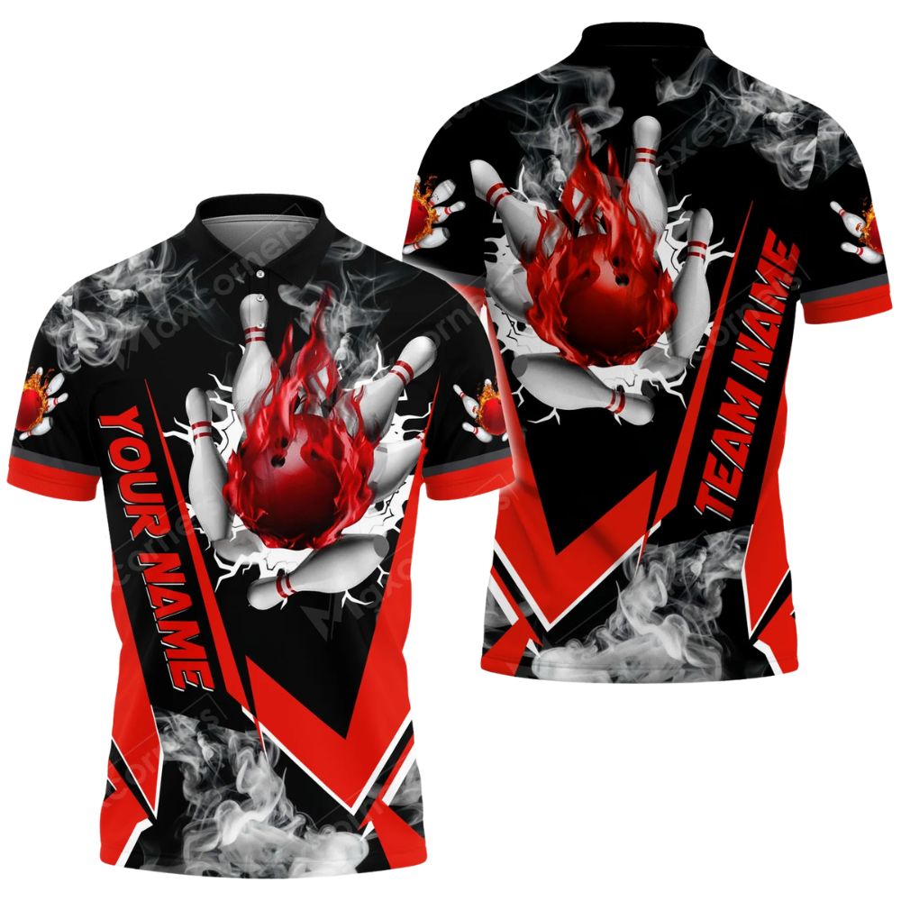 Custom Flaming Ball Red Bowling Mens Polo Shirt, Custom Flame Bowling Team Shirt BZ0811