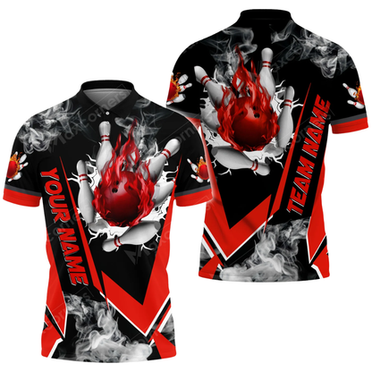 Custom Flaming Ball Red Bowling Mens Polo Shirt, Custom Flame Bowling Team Shirt BZ0811