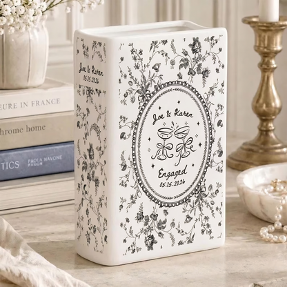 Personalized Engagement Toile De Jouy Ceramic Book Vase, Custom Engaged Book Vase WD0617