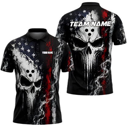 Custom Skull USA Flag Grunge Bowling Polo Shirt Men, Custom Skull Bowling Team Shirt BZ0998