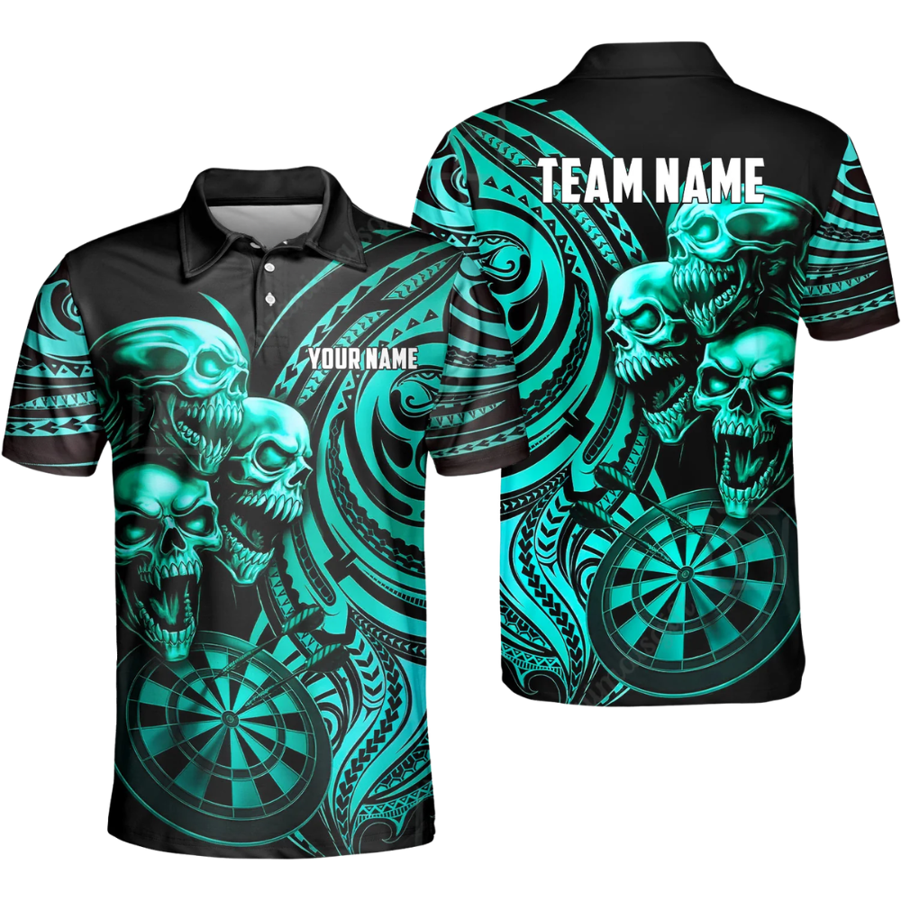 Custom Skeleton Black And Cyan Darts Mens Polo Shirt, Custom Skull Dart Shirt For Team DZ0102