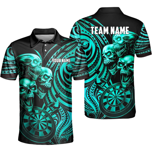 Custom Skeleton Black And Cyan Darts Mens Polo Shirt, Custom Skull Dart Shirt For Team DZ0102