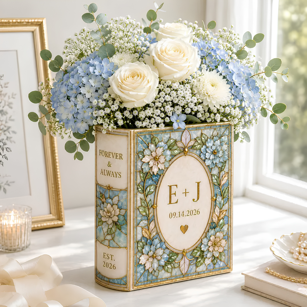 Custom Wedding Flower Stained Glass Ceramic Book Vase, Custom  Stained Glass Wedding Book Vase With Couple Initials WD0606