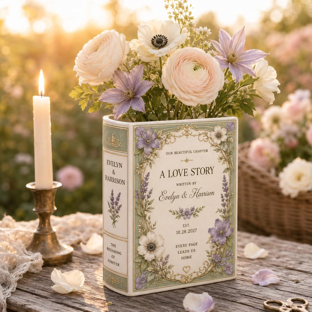Personalized Vintage Floral Wedding Ceramic Book Vase, Personalized Wedding Book Vase WD0610