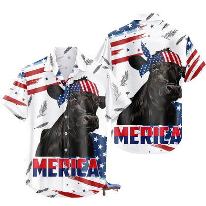 Black Angus American Flag Hawaiian Shirt For Men Women, Patriotic Black Angus Hawaiian Shirts HE0694