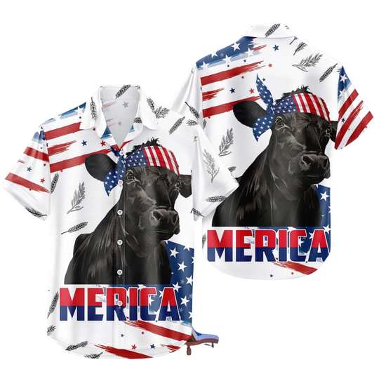 Black Angus American Flag Hawaiian Shirt For Men Women, Patriotic Black Angus Hawaiian Shirts HE0694