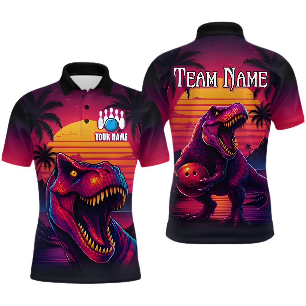 Dinosaur Sunset Custom Bowling Polo Shirt For Men, Custom Dinosaur Bowling Team Shirt BZ0879