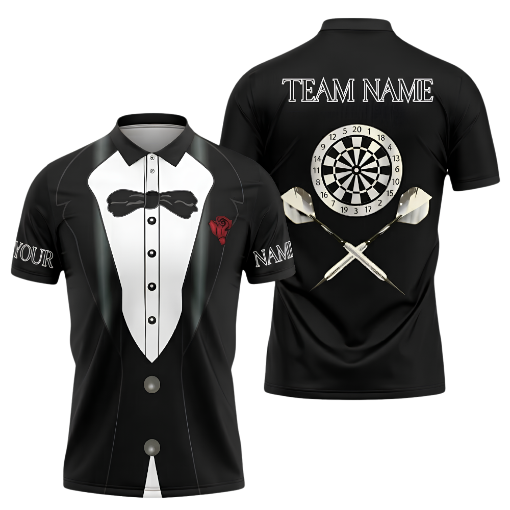 Custom Tuxedo Black White Darts Men Polo Shirt, Custom Tuxedo Darts Team Shirt DZ0170