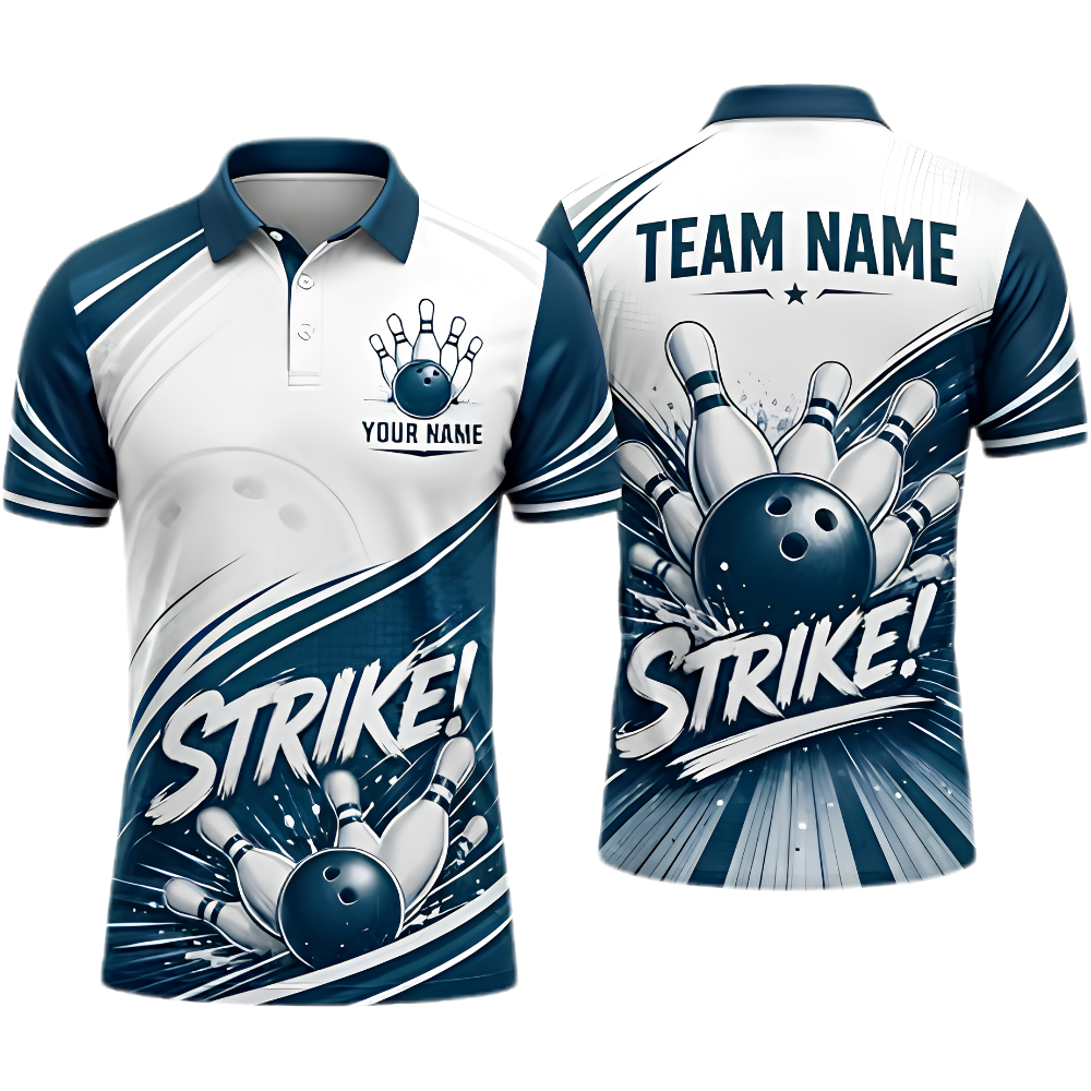 White And Blue Custom Team Bowling Polo Shirt For Men, Custom Bowling Shirt BZ0971
