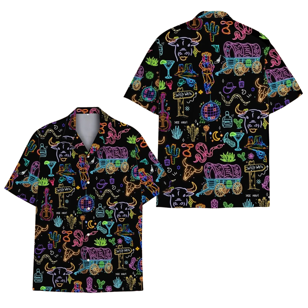 Neon Western Hawaiian Shirt For Men And Women, Western Hawaiian Shirts HE0720