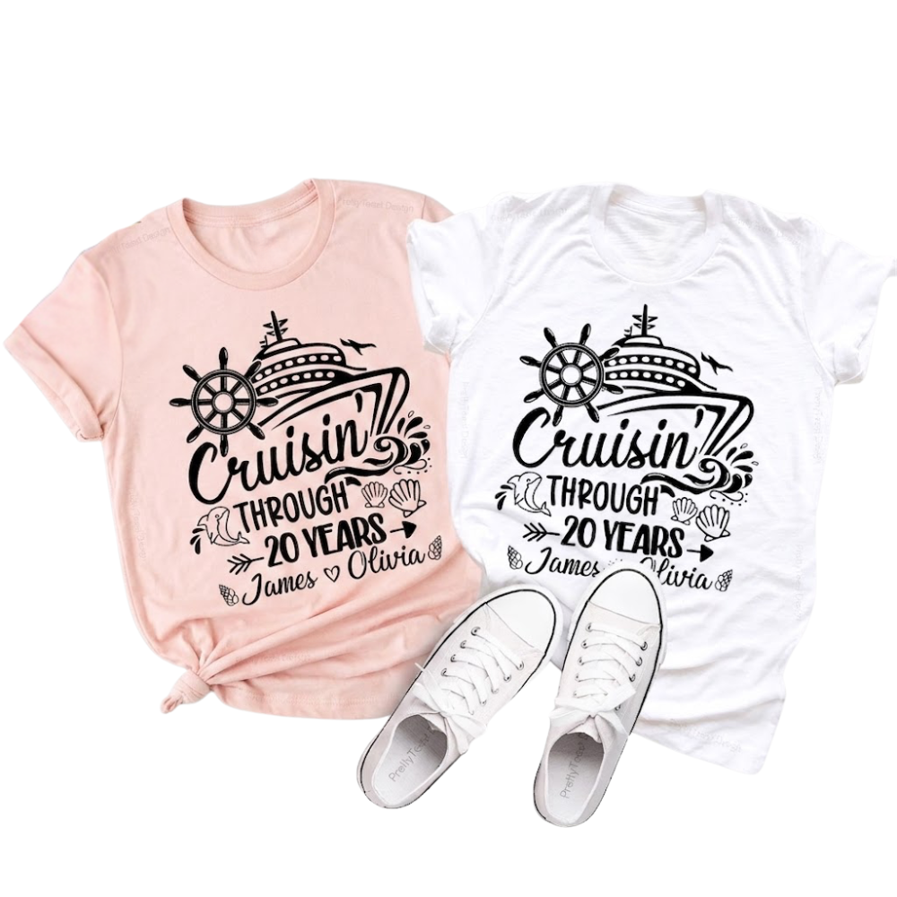 Cruisin' Through 20 Years Custom Couple Name Anniversary Matching T Shirt, Personalized Cruise Anniversary Shirt His And Her ET1274